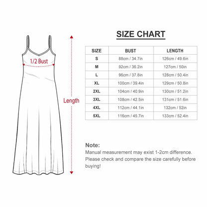 May include: A white spaghetti strap dress with a size chart. The chart shows bust and length measurements in inches and centimeters for sizes S through 5XL. The text also includes a note about manual measurement differences.