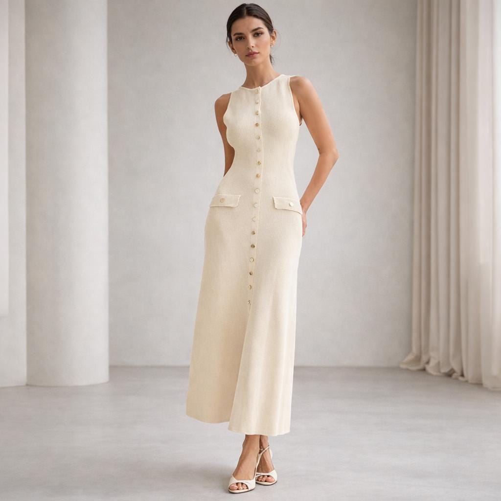 May include: A sleeveless, cream-colored dress with a button-down front and two small front pockets. The dress has a fitted silhouette and falls to the mid-calf. The model is wearing white sandals. The dress is made of a knit fabric.