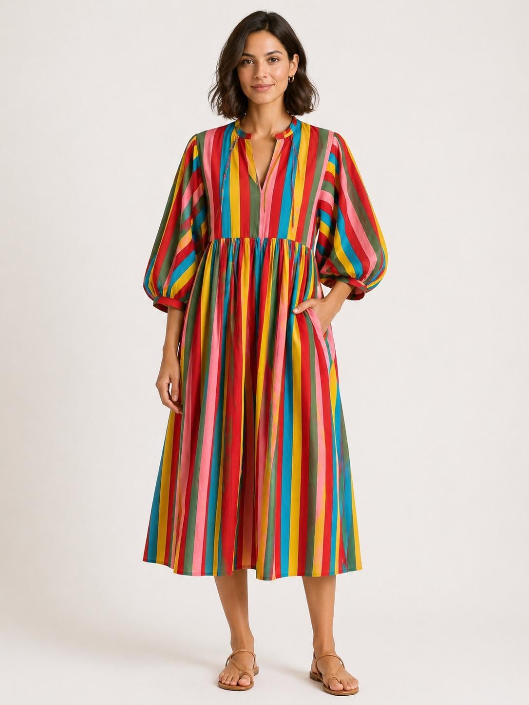 Colorful Stripe Midi Dress Puff Sleeve Boho Dress Rainbow Striped Dress Loose Fit Summer Dress Women