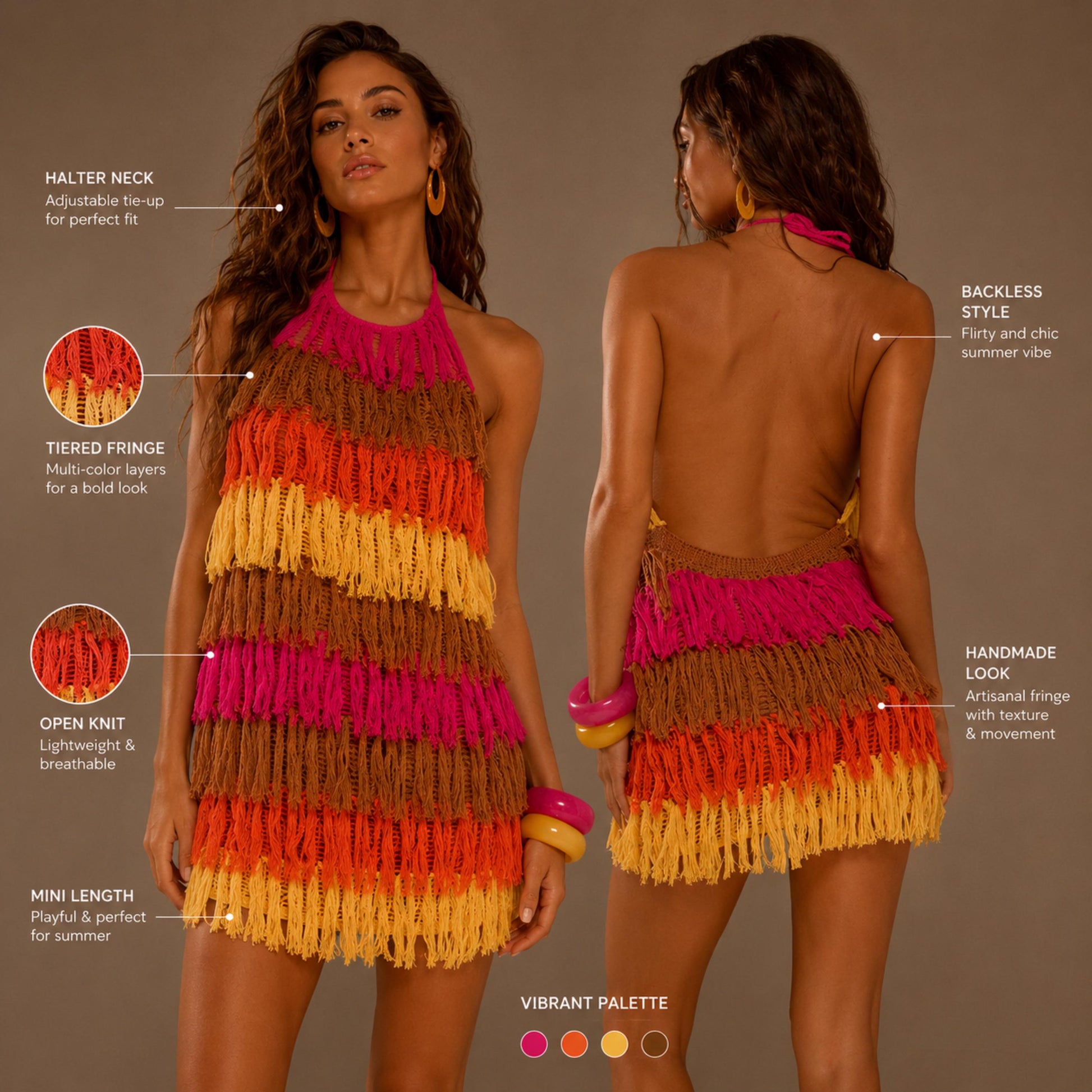 May include: A sleeveless mini dress featuring a halter neck with adjustable tie-up straps and a backless design. The dress is constructed from an open-knit fabric with horizontal tiered fringe layers in a vibrant color palette of pink, orange, and brown.