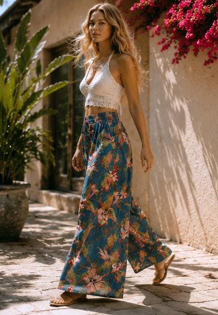 May include: A woman wearing a white crochet halter top and wide-leg pants with a teal floral print. The pants feature a drawstring waist. She is wearing sandals and walking on a stone path. The background includes plants and a building.