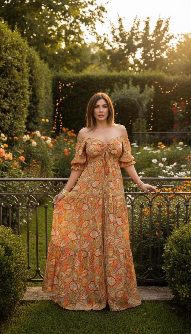 May include: A floor-length off-the-shoulder dress featuring a vibrant orange, yellow, and teal paisley-inspired floral pattern. The garment has a ruched bodice with a central tie detail, short puff sleeves, and a tiered, flowing skirt silhouette.