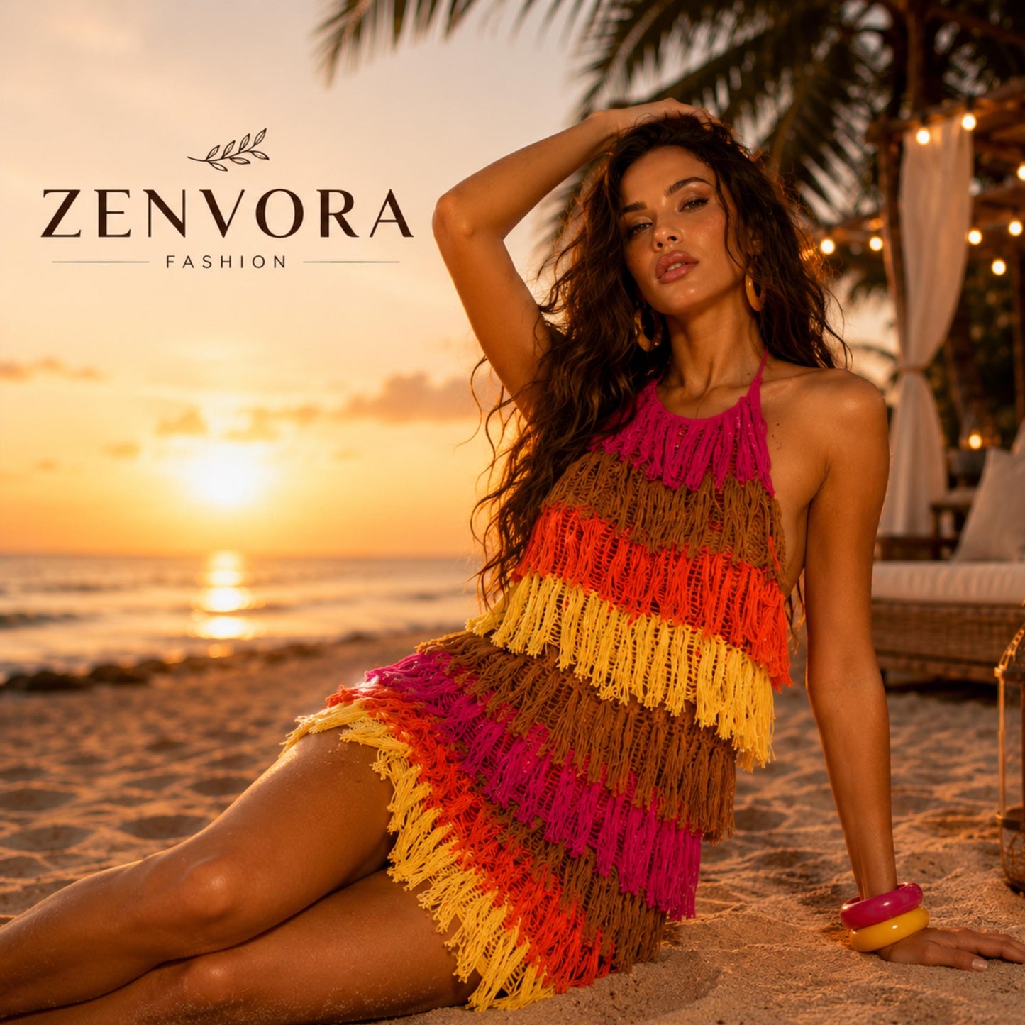 May include: A sleeveless halter-style dress featuring horizontal tiers of fringe in alternating colors of magenta, brown, orange, and yellow. The text ZENVORA FASHION is printed in the upper left corner above the dress design.