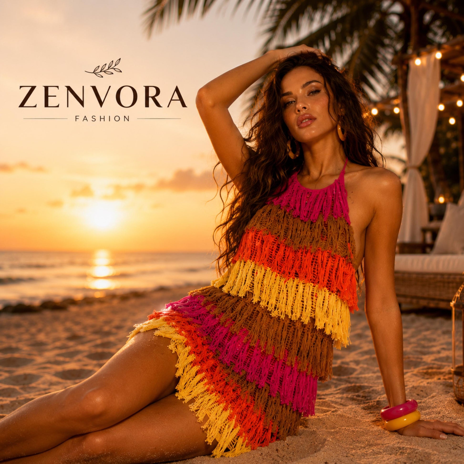 May include: A sleeveless halter-style dress featuring horizontal tiers of fringe in alternating colors of magenta, brown, orange, and yellow. The text ZENVORA FASHION is printed in the upper left corner above the dress design.
