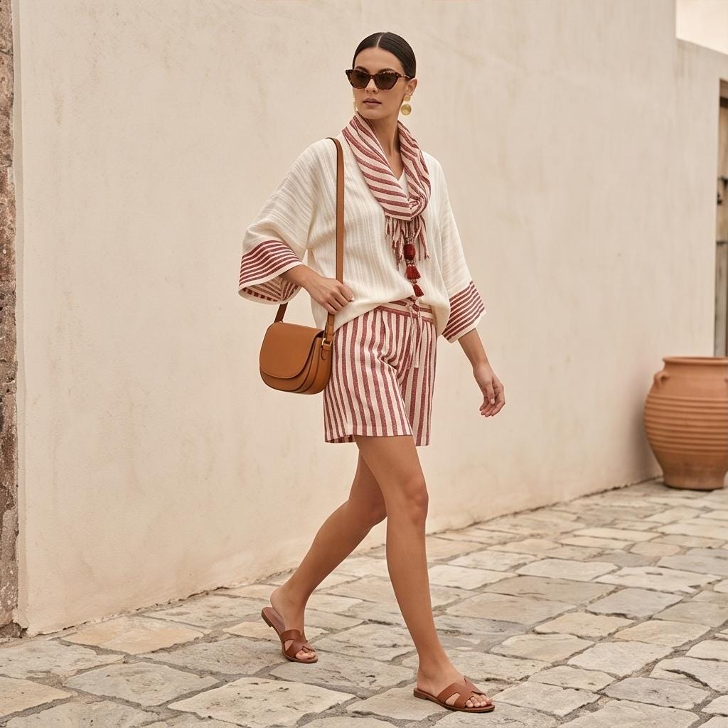 May include: A cream-colored top with wide sleeves and red stripes, paired with matching red and cream striped shorts. A red and cream striped scarf with tassels is worn around the neck. A tan leather crossbody bag and brown leather sandals.