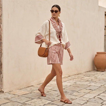 May include: A cream-colored top with wide sleeves and red stripes, paired with matching red and cream striped shorts. A red and cream striped scarf with tassels is worn around the neck. A tan leather crossbody bag and brown leather sandals.