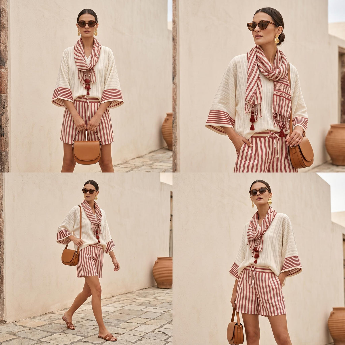 May include: A cream-colored top with wide sleeves and red striped shorts, paired with a matching red and cream striped scarf. The outfit includes a tan leather crossbody bag, dark sunglasses, and gold earrings, creating a coordinated ensemble.