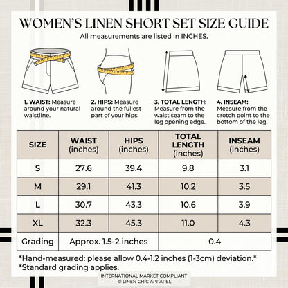 May include: A size guide chart for linen shorts with diagrams showing how to measure waist, hips, total length, and inseam. The table lists sizes S, M, L, and XL with corresponding measurements in inches. Text includes LINEN SHORT SET SIZE GUIDE.