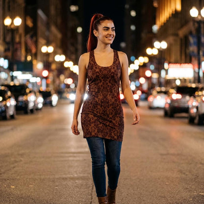 Brown Damask Racerback Mini Dress, Gothic Baroque Bodycon Style, Dark Academia Floral Summer Outfit image 3