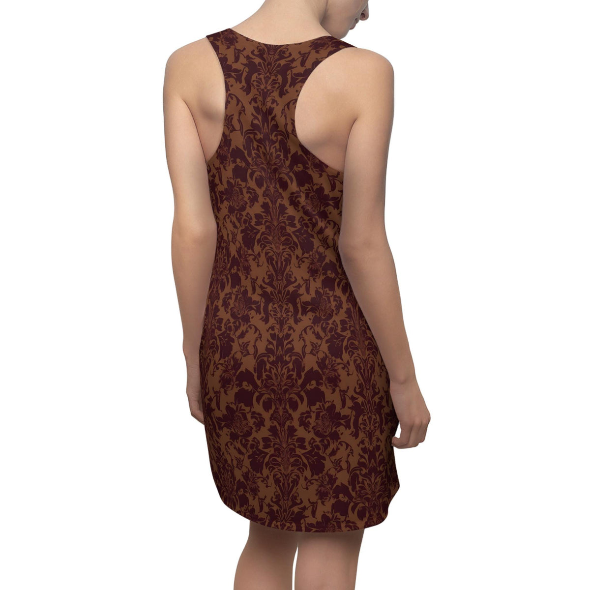 Brown Damask Racerback Mini Dress, Gothic Baroque Bodycon Style, Dark Academia Floral Summer Outfit image 10