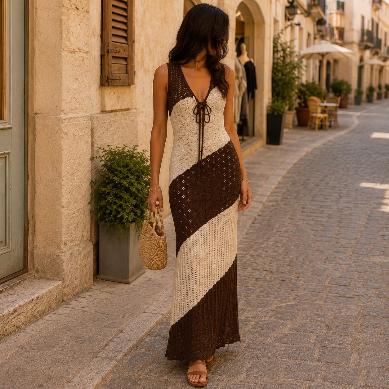 May include: A sleeveless floor-length crochet dress featuring a diagonal color-blocked pattern of cream and dark brown. The garment has a deep V-neckline with a central lace-up tie detail and a textured, open-knit stitch throughout the fabric.
