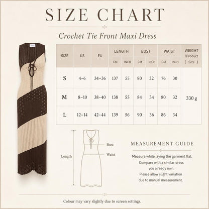 May include: A size chart for a sleeveless crochet tie-front maxi dress featuring diagonal color-blocked panels in dark brown and beige. The chart includes columns for US and EU sizes, length, bust, and waist measurements in cm and inches.