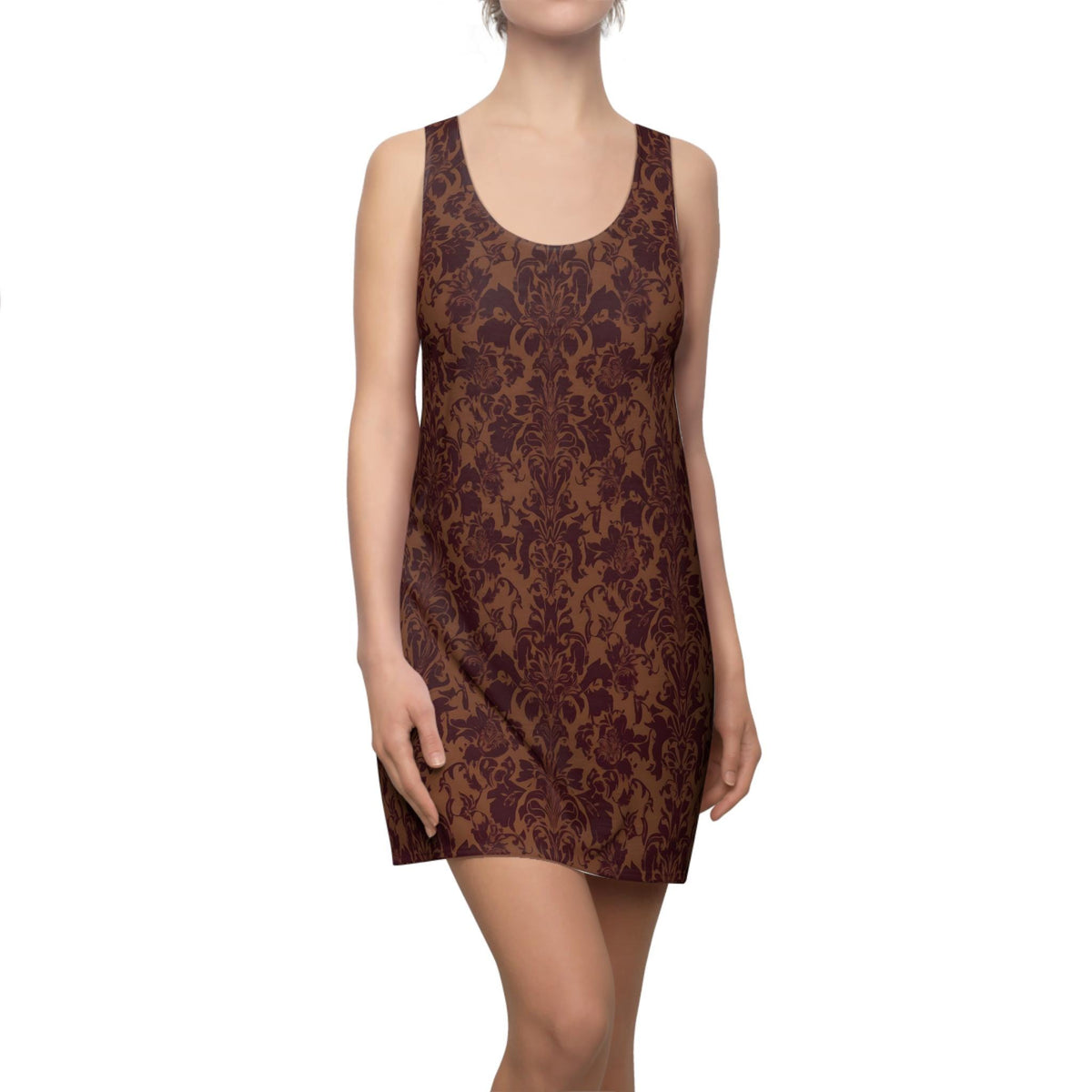 Brown Damask Racerback Mini Dress, Gothic Baroque Bodycon Style, Dark Academia Floral Summer Outfit image 6