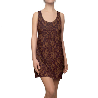 Brown Damask Racerback Mini Dress, Gothic Baroque Bodycon Style, Dark Academia Floral Summer Outfit image 6