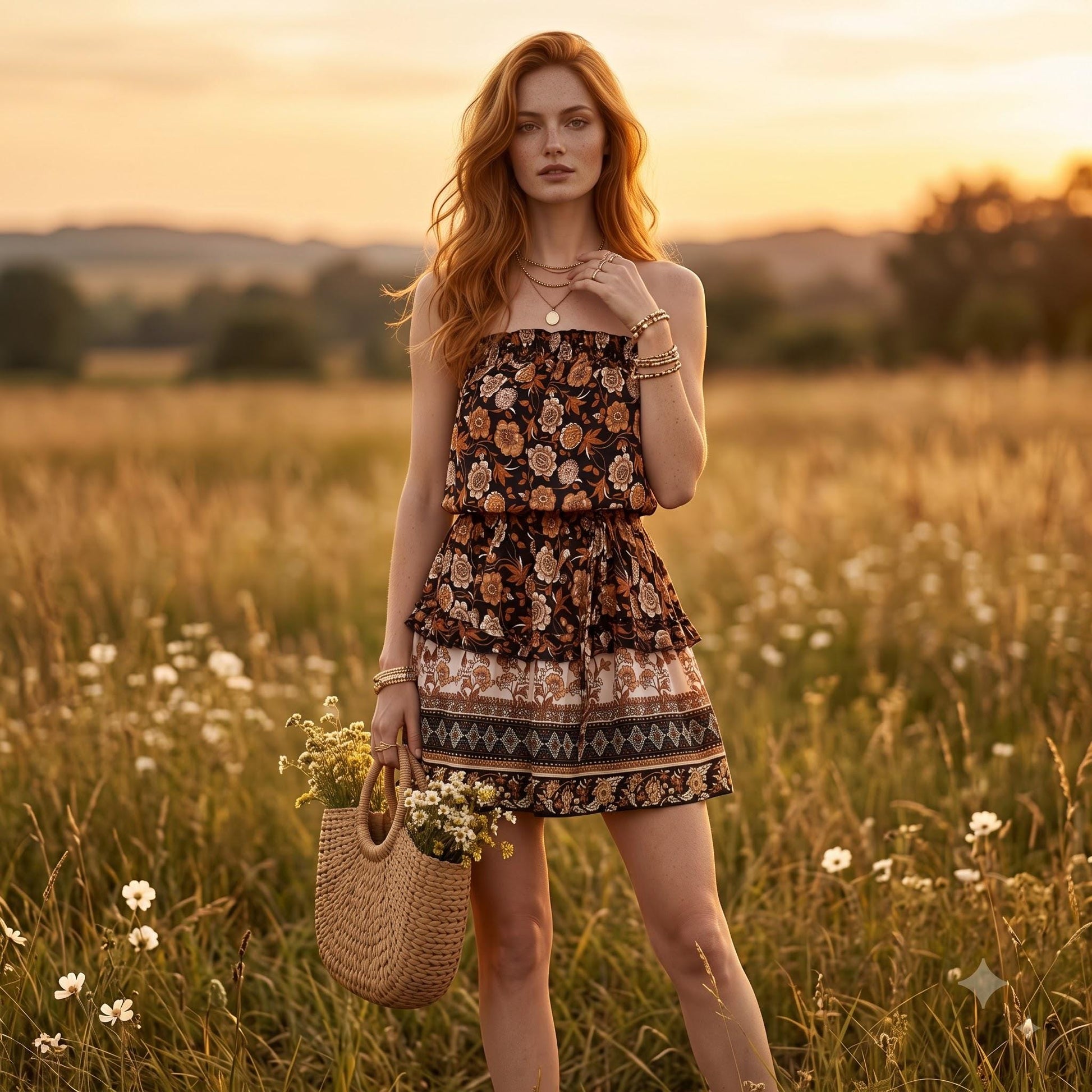 May include: A strapless mini dress featuring a dark brown base with a repeating floral pattern in shades of orange, cream, and tan. The dress has a tiered skirt with a horizontal geometric border print at the hem and a woven straw handbag.