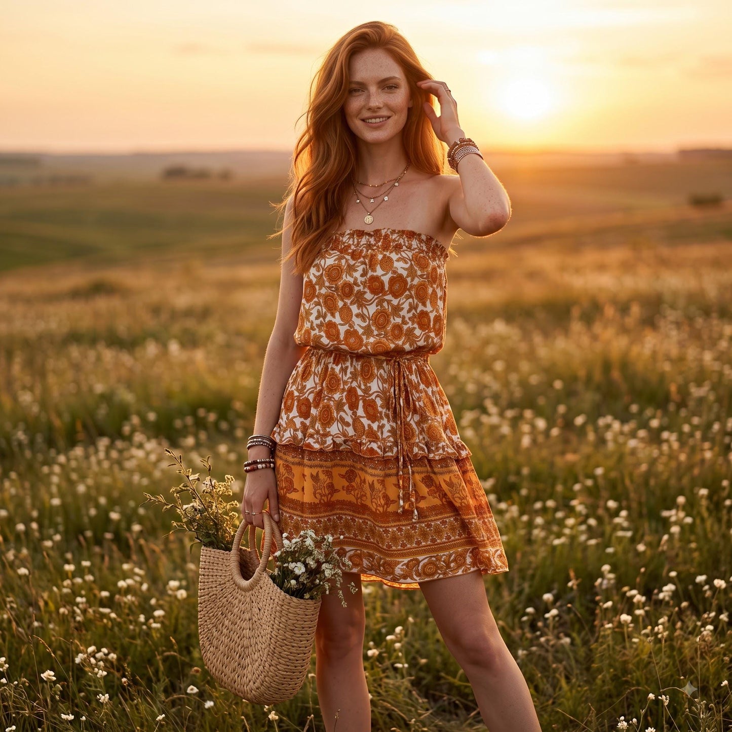 May include: A strapless mini dress featuring a white and orange floral pattern with a tiered skirt and a matching tie waist. The dress is paired with a woven straw tote bag with round handles, containing small white flowers and green foliage.