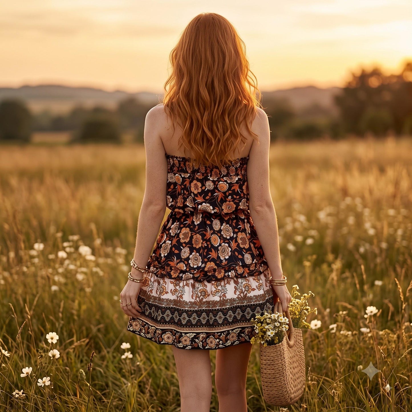 May include: A strapless mini dress featuring a dark navy base with a repeating floral pattern in shades of orange, cream, and brown. The dress has a tiered skirt with a horizontal geometric border print at the hem and is paired with a woven straw bag.