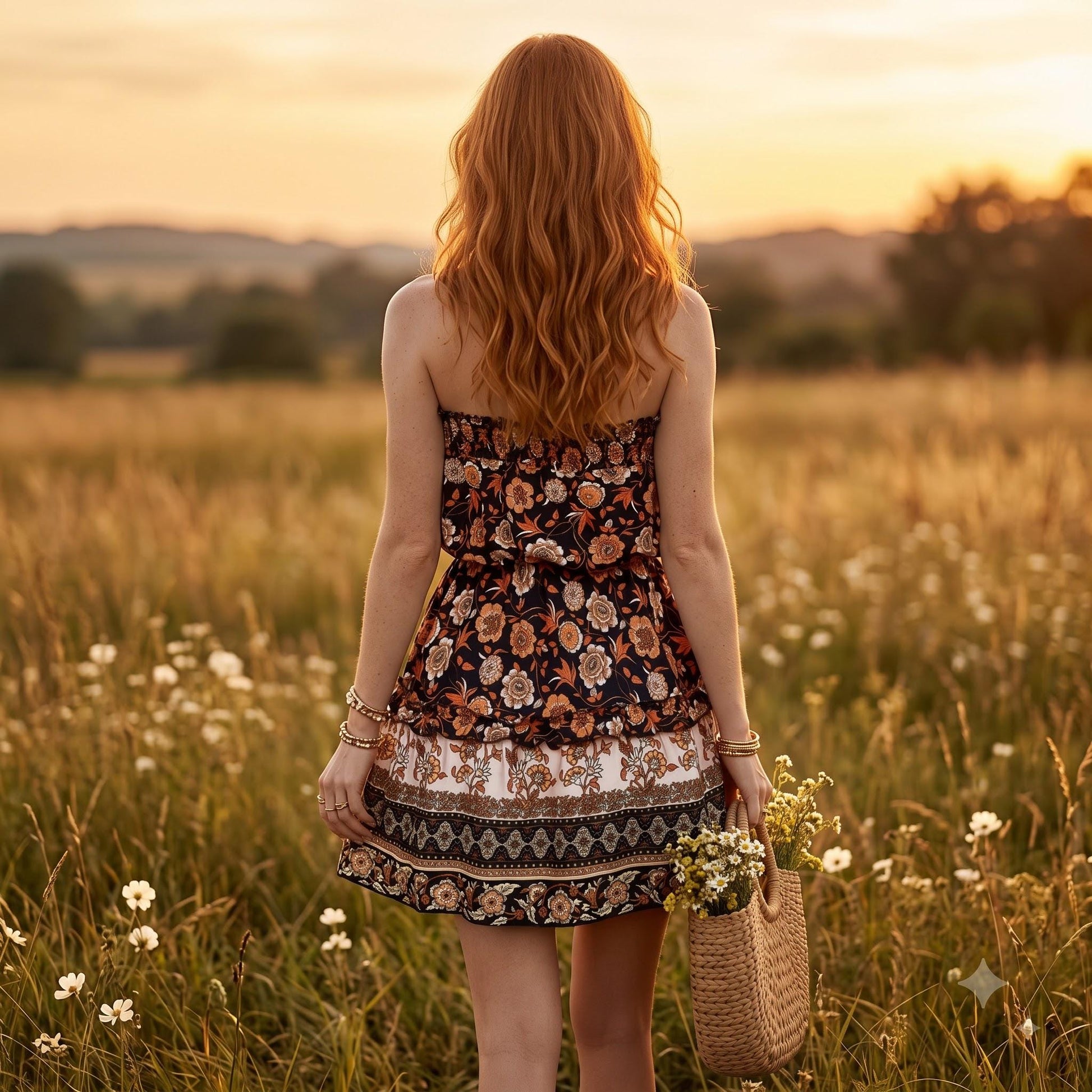 May include: A strapless mini dress featuring a dark navy base with a repeating floral pattern in shades of orange, cream, and brown. The dress has a tiered skirt with a horizontal geometric border print at the hem and is paired with a woven straw bag.