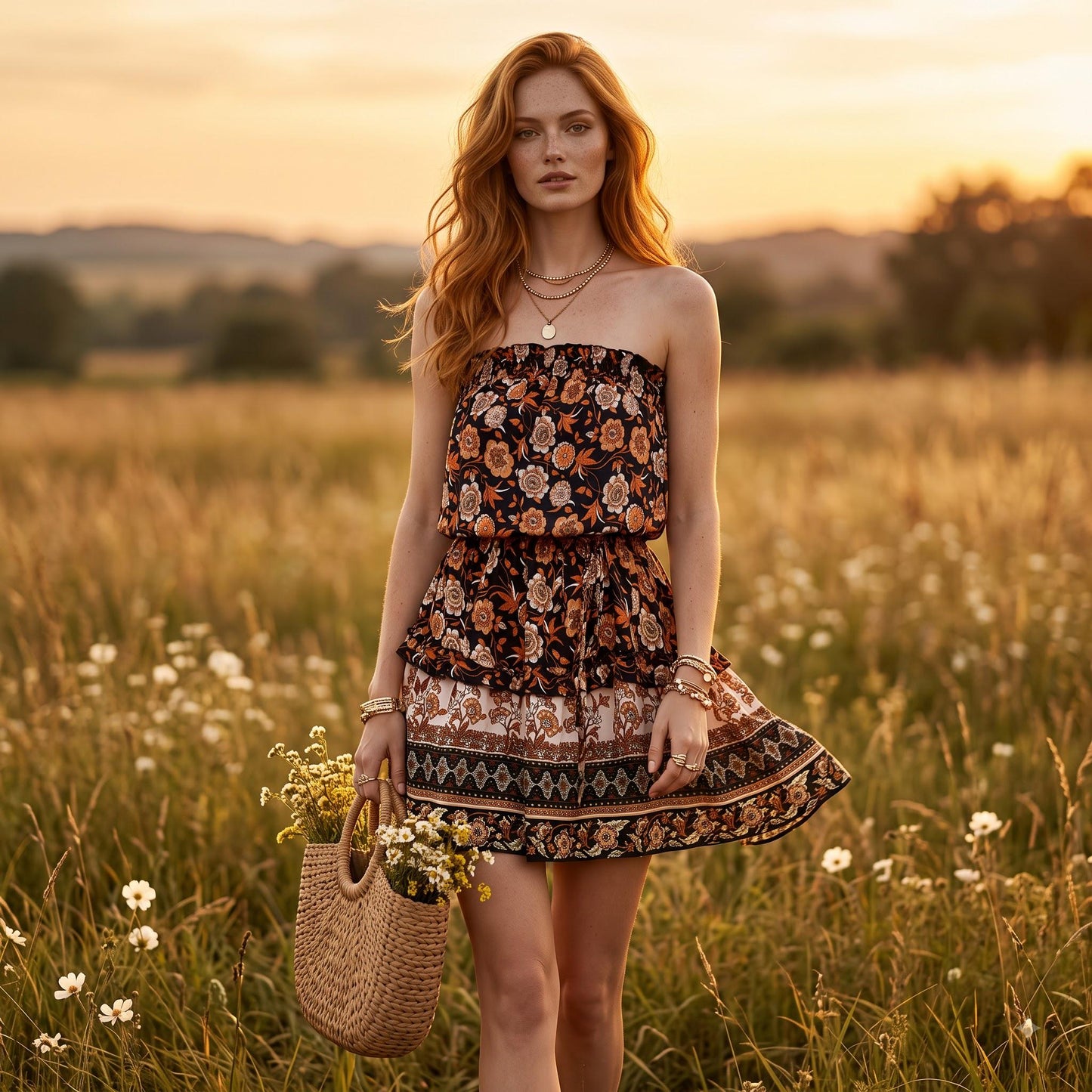 May include: A strapless mini dress featuring a dark brown base with a multi-colored floral pattern and a tiered skirt. The dress includes a cinched waist with a matching tie belt. A woven straw handbag with round handles is held at the side.