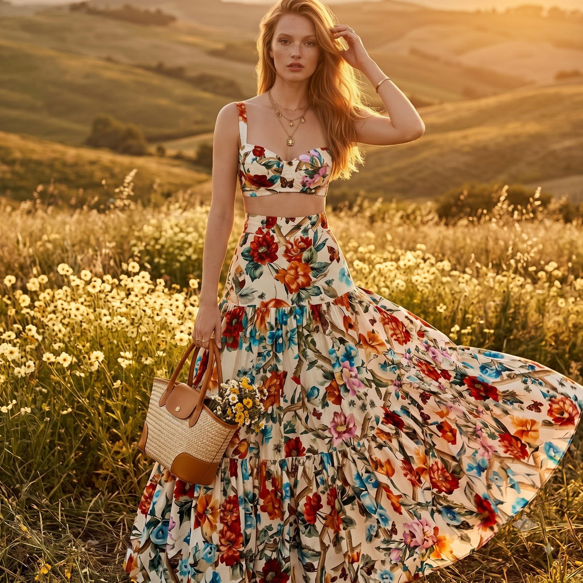 May include: A two-piece set consisting of a cropped top with thick straps and a high-waisted, floor-length tiered skirt, both featuring a vibrant floral print in shades of red, orange, blue, and green on a cream background, paired with a woven tote bag.