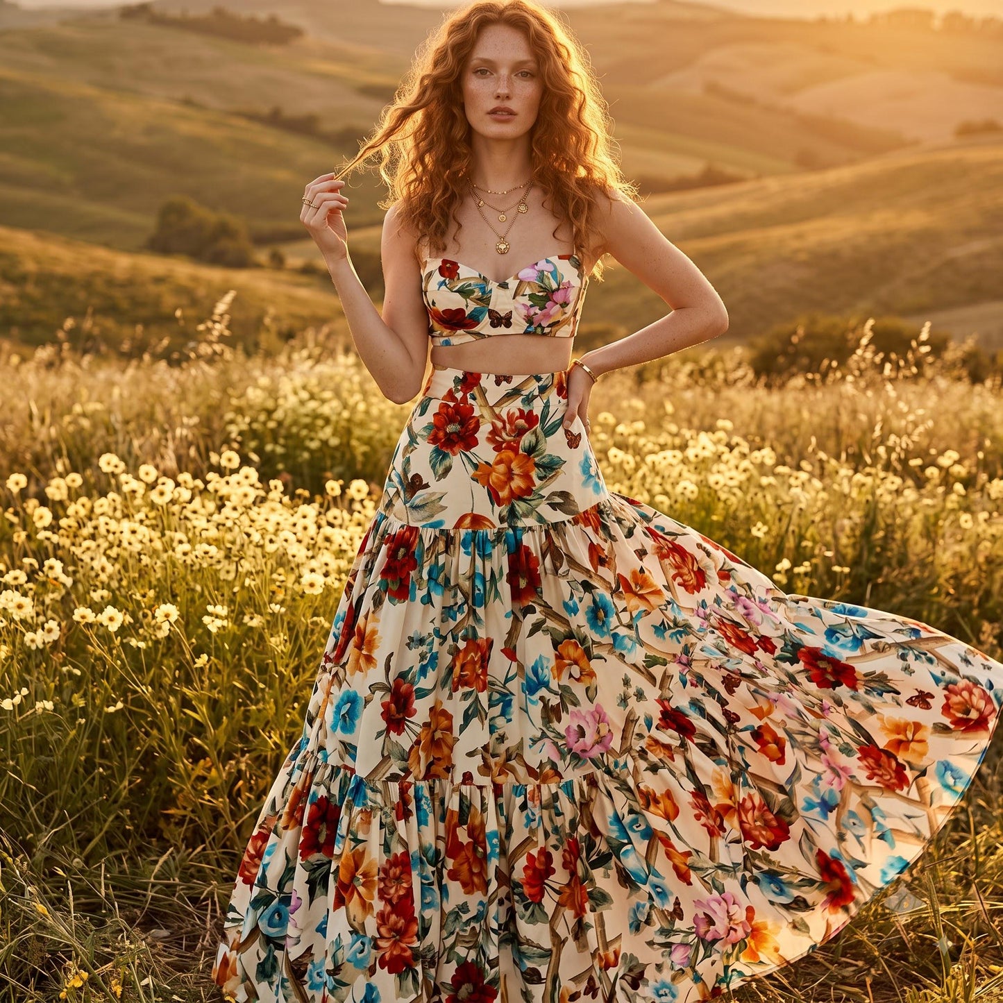May include: A two-piece set consisting of a cropped, strapless sweetheart neckline top and a high-waisted, floor-length tiered skirt. Both pieces feature a vibrant, multicolored floral print with red, orange, blue, and pink flowers on a cream base.