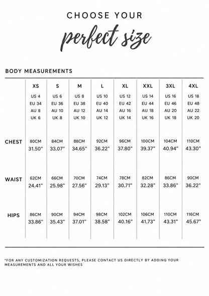 May include: A black and white size chart titled CHOOSE YOUR perfect size. It lists body measurements for chest, waist, and hips across sizes XS to 4XL, including US, EU, AU, and UK sizing equivalents in both centimeters and inches for reference.
