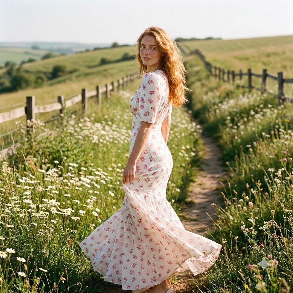 May include: A floor-length white dress featuring a delicate pink floral pattern, short puff sleeves, and a fitted bodice that flares into a wide, flowing skirt at the hem, creating a soft silhouette that moves gracefully with the wearer.