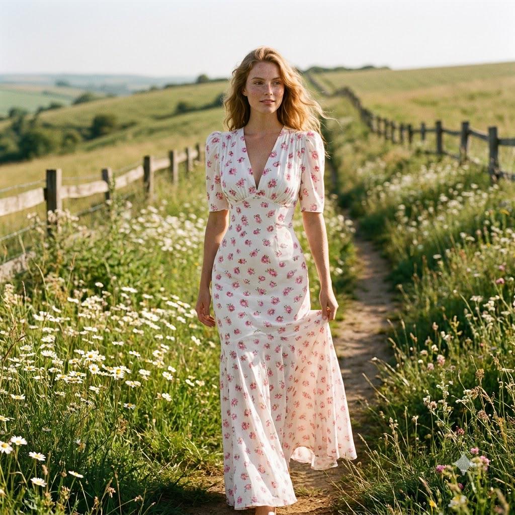 May include: A floor-length white dress featuring a pink floral pattern, short puff sleeves, and a deep V-neckline. The garment has a fitted bodice that transitions into a flared skirt, creating a silhouette that reaches down to the ankles.