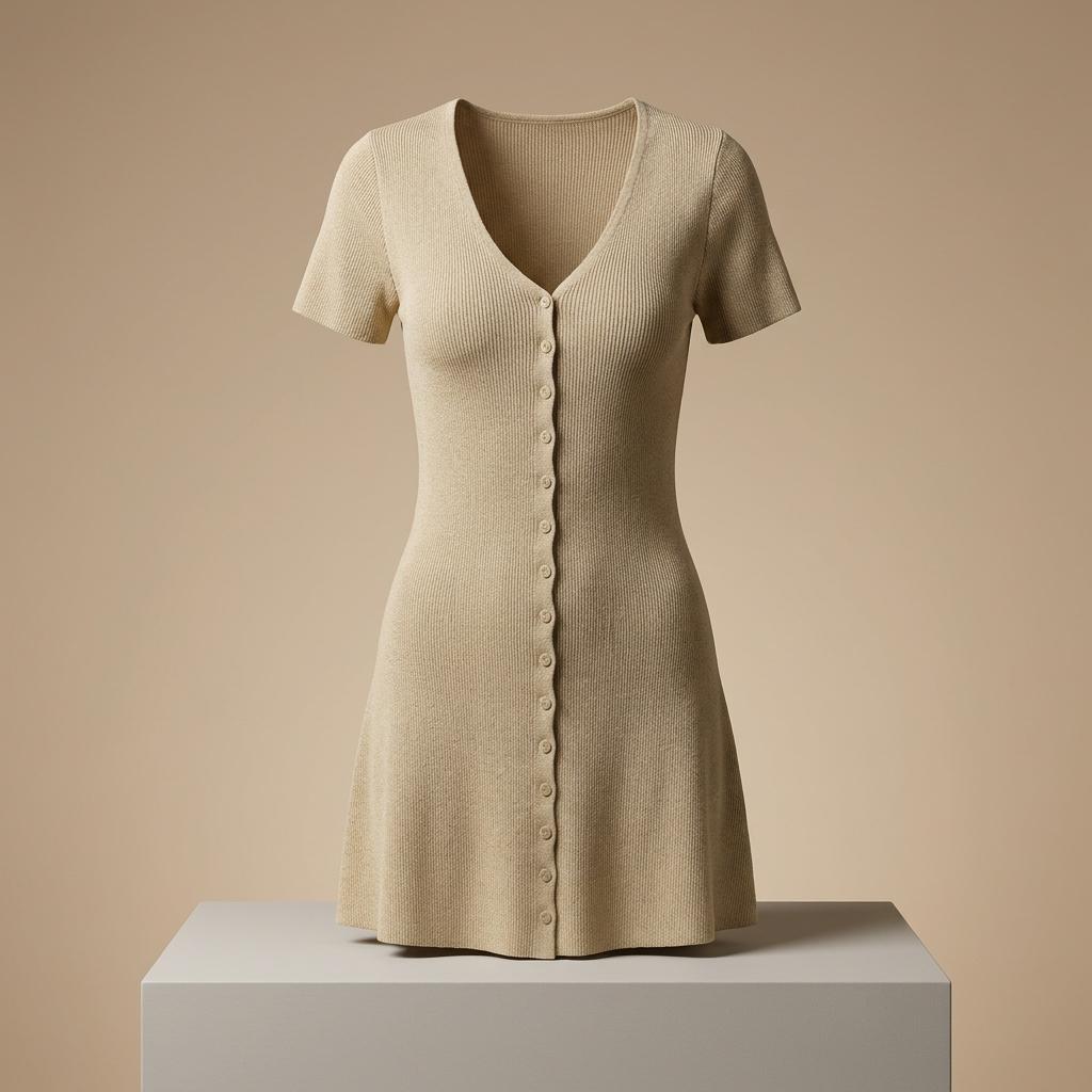 May include: A beige short-sleeved dress featuring a ribbed knit texture, a deep V-neckline, and a central vertical row of small matching buttons extending from the neckline down to the hemline, creating a fitted silhouette with a flared skirt.
