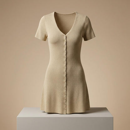 May include: A beige short-sleeved dress featuring a ribbed knit texture, a deep V-neckline, and a central vertical row of small matching buttons extending from the neckline down to the hemline, creating a fitted silhouette with a flared skirt.