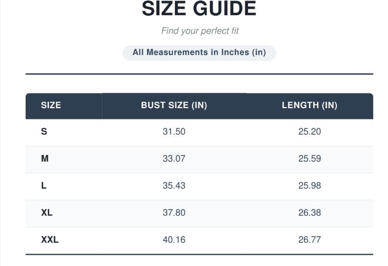 May include: A size guide chart with the heading SIZE GUIDE and the subheading Find your perfect fit. It specifies All Measurements in Inches (in) for sizes S through XXL, listing bust sizes from 31.50 to 40.16 and lengths from 25.20 to 26.77.