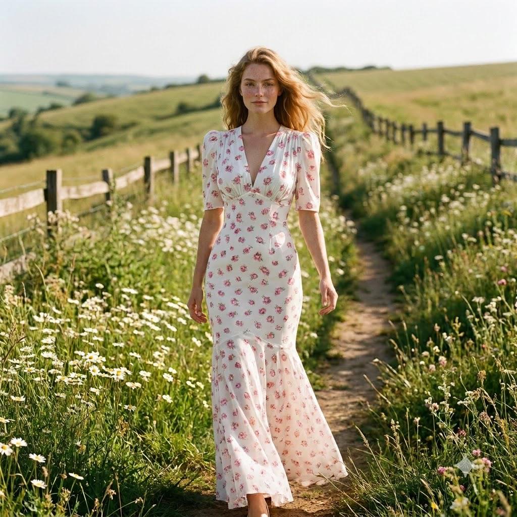 May include: A floor-length dress with a white base and a small pink floral pattern. The dress features short sleeves, a V-neckline, a fitted bodice, and a flared hemline that creates a mermaid silhouette, extending down to the ankles.