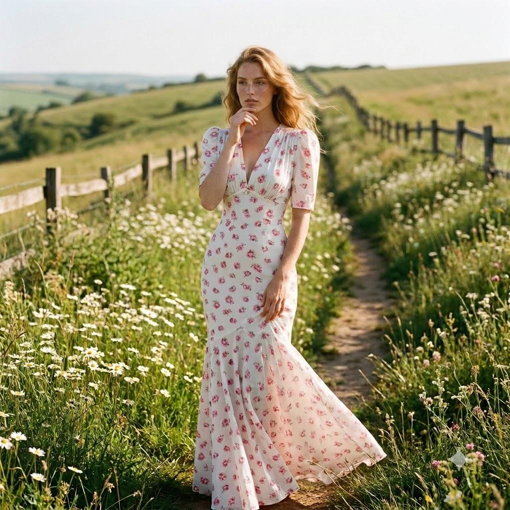 May include: A floor-length white dress featuring a small pink floral pattern, short sleeves, and a V-neckline. The garment has a fitted bodice that transitions into a flared, flowing skirt that reaches the ground, creating a long silhouette.