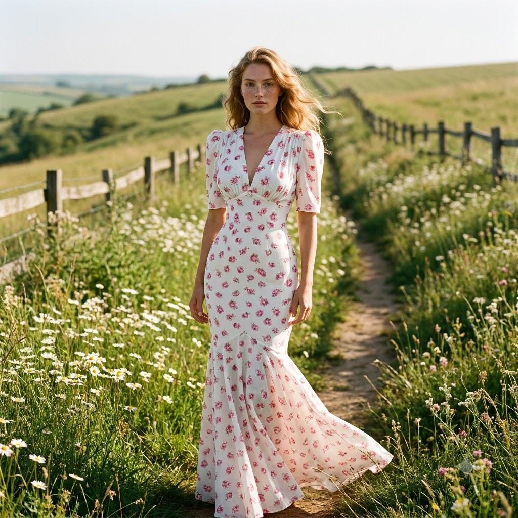 May include: A floor-length white dress featuring a pink floral pattern, short puff sleeves, and a deep V-neckline. The garment has a fitted bodice that transitions into a flared, mermaid-style skirt, creating a long, flowing silhouette.