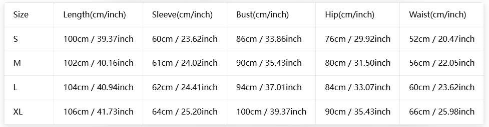 May include: A white size chart table with black text listing measurements for sizes S, M, L, and XL. Columns include Length, Sleeve, Bust, Hip, and Waist, providing values in both centimeters and inches for each garment size category.